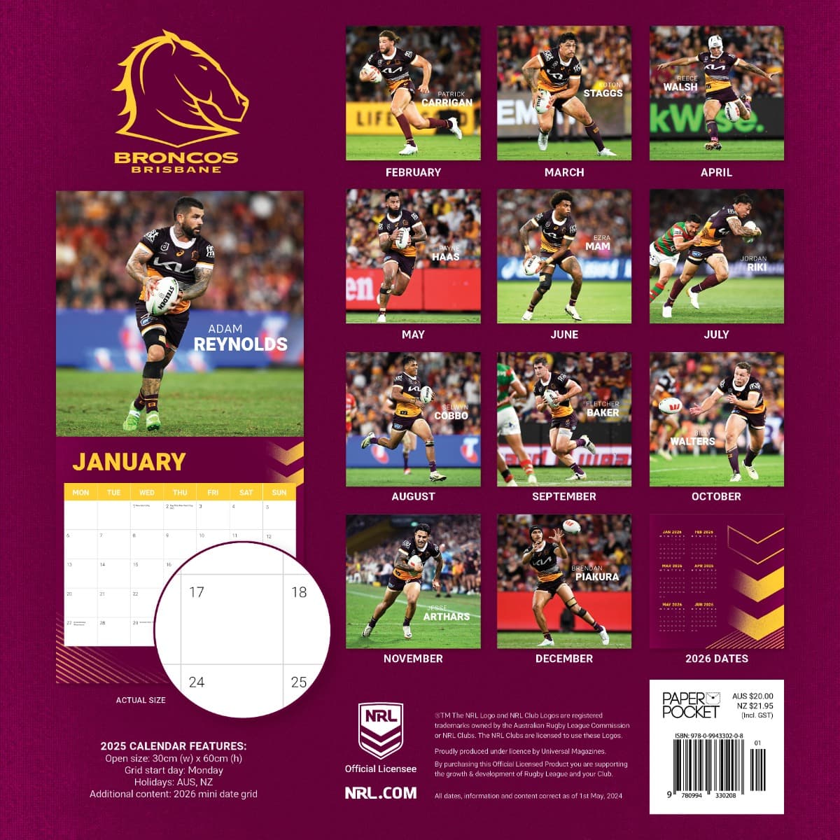 Brisbane Broncos 2025 NRL Team Wall Calendar
