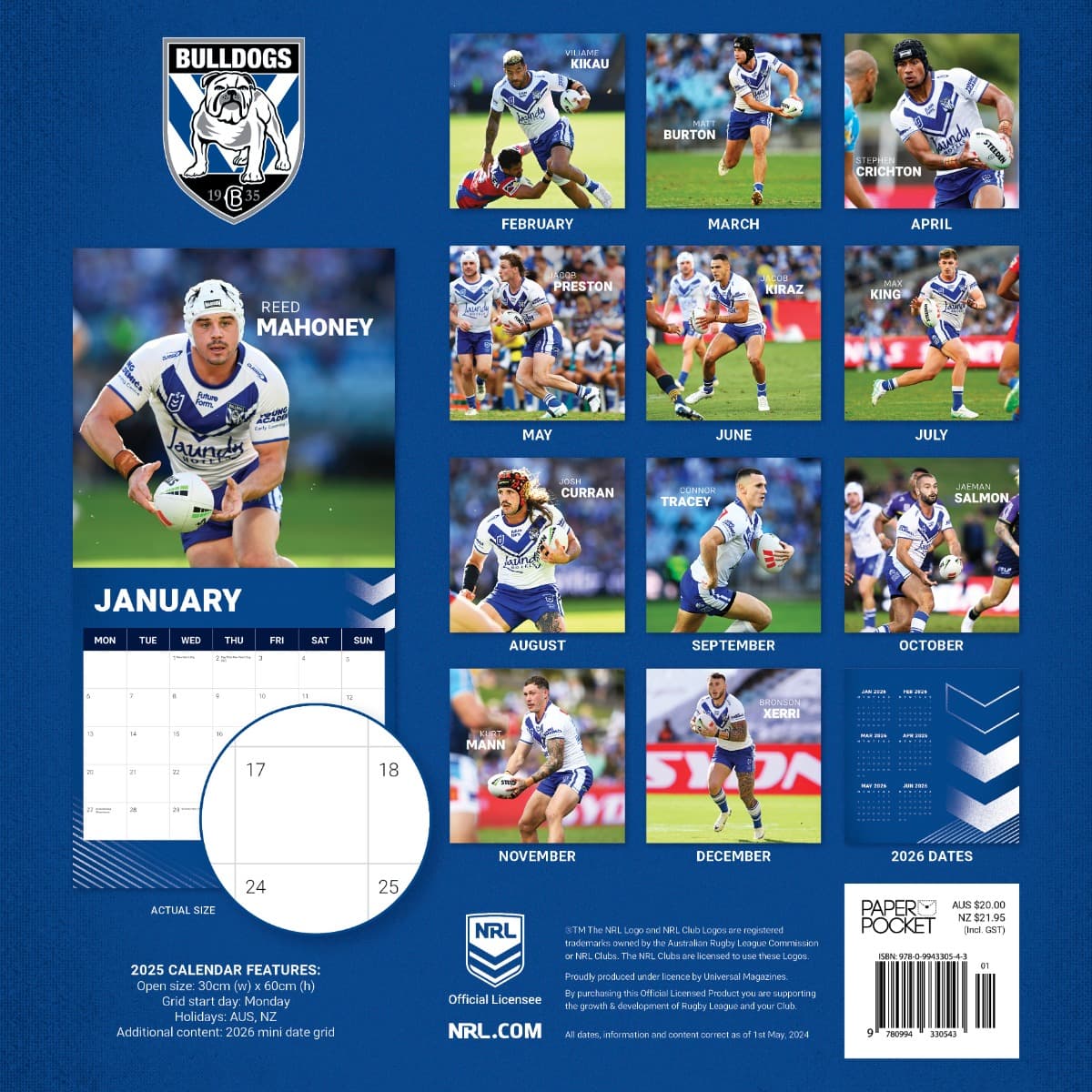 Canterbury Bulldogs 2025 NRL Team Wall Calendar