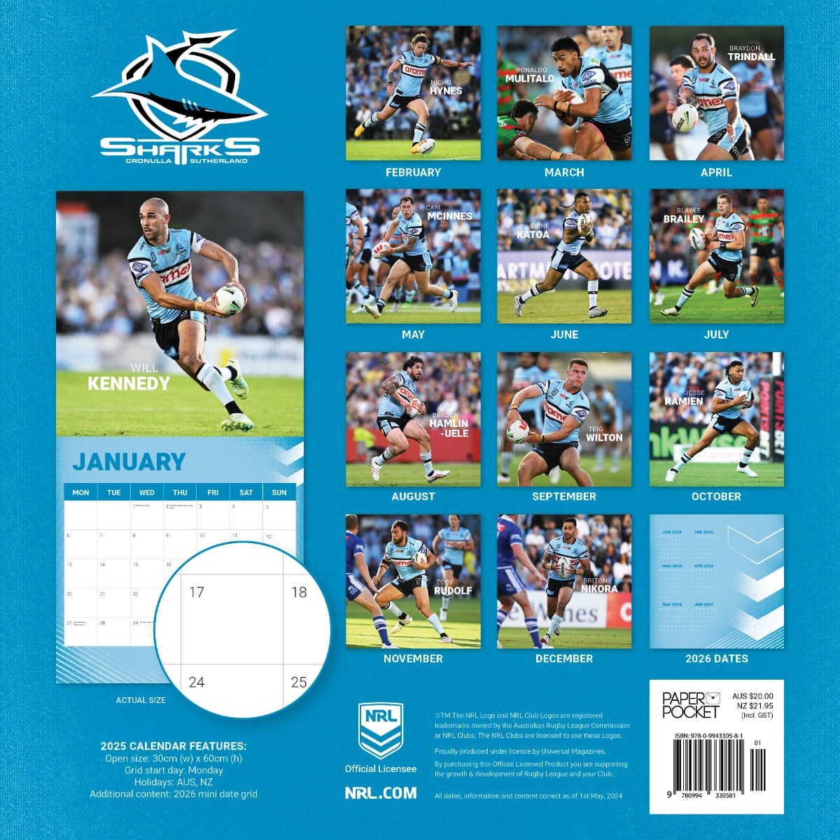 Cronulla Sharks 2025 NRL Team Wall Calendar