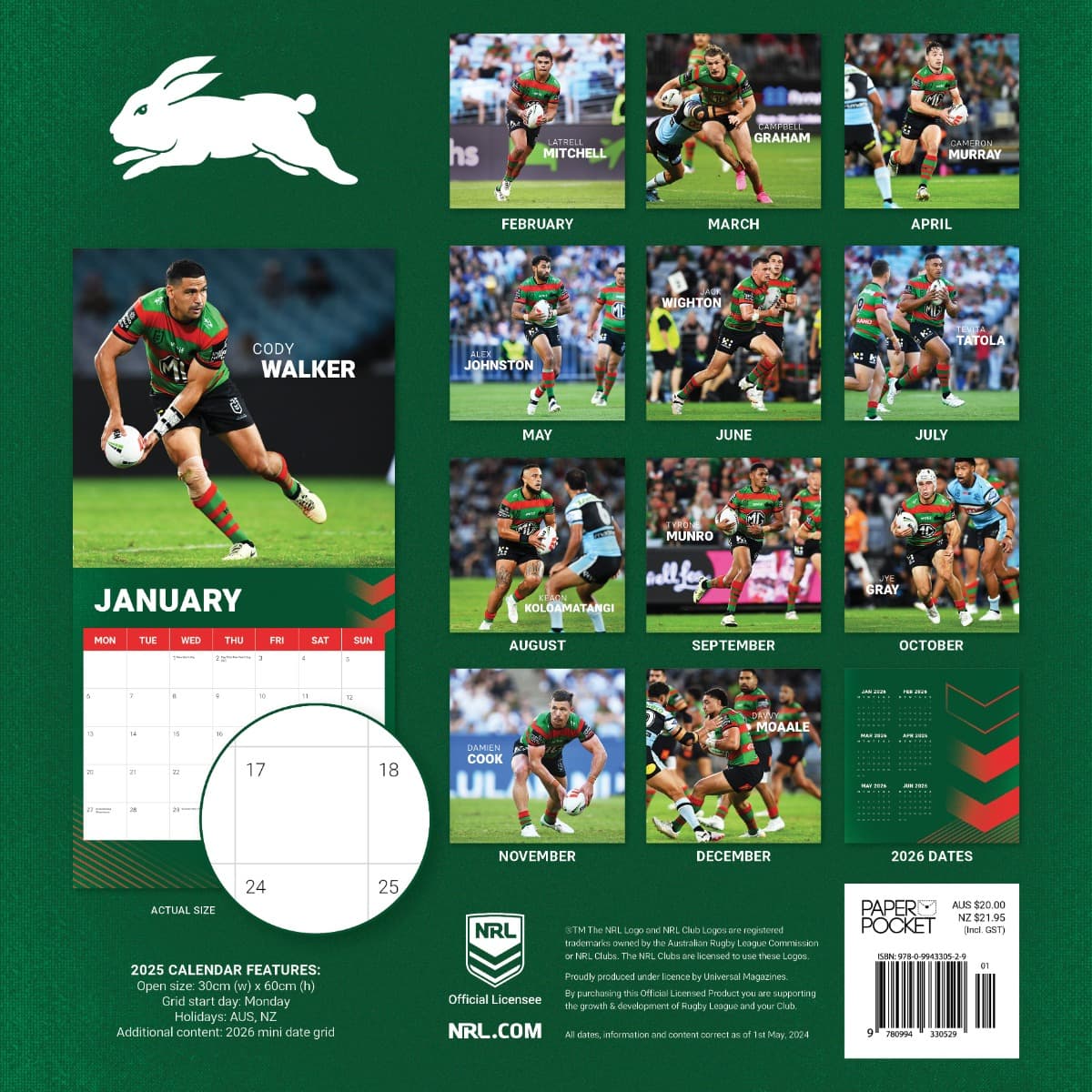 South Sydney Rabbitohs 2025 NRL Team Wall Calendar