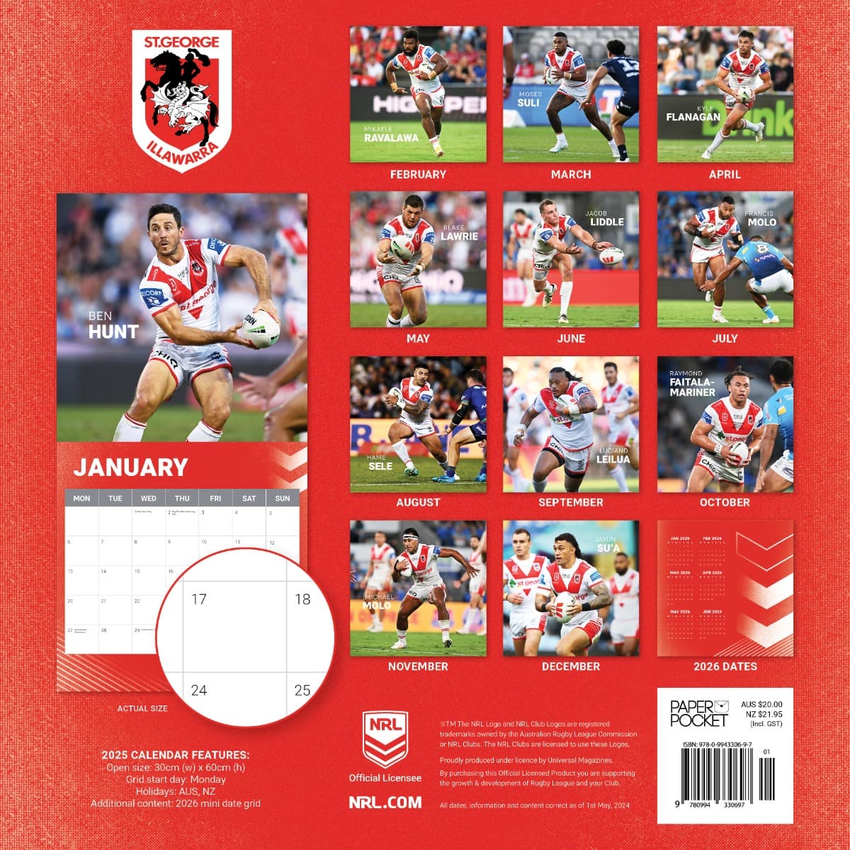 St George Illawarra Dragons 2025 NRL Team Wall Calendar