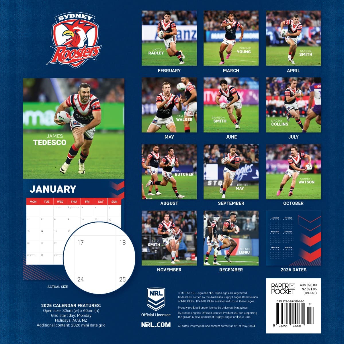 Sydney Roosters 2025 NRL Team Wall Calendar