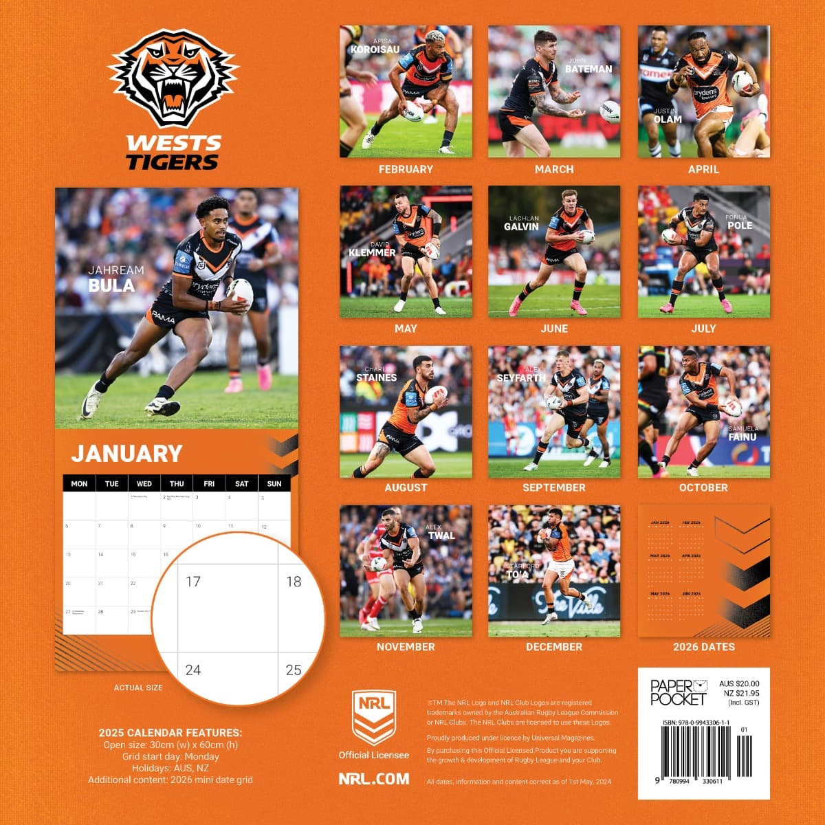 Wests Tigers 2025 NRL Team Wall Calendar