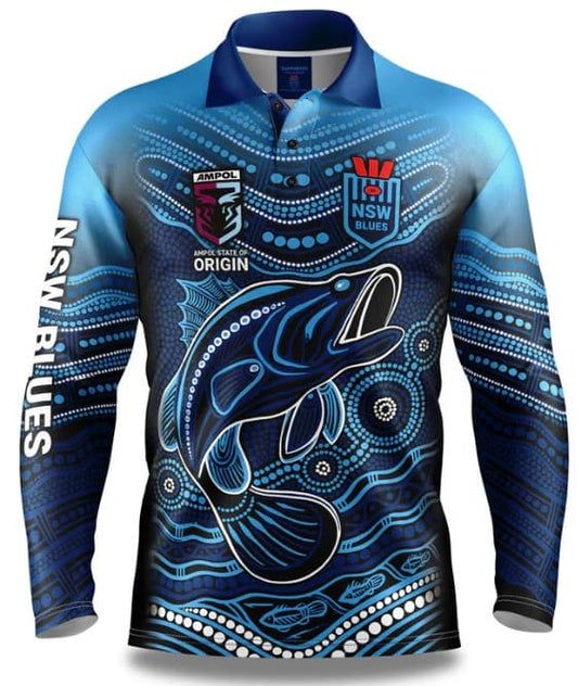 NSW Blues State of Origin 2025 NRL Mens 'Jumping Barra' Fishing Shirt
