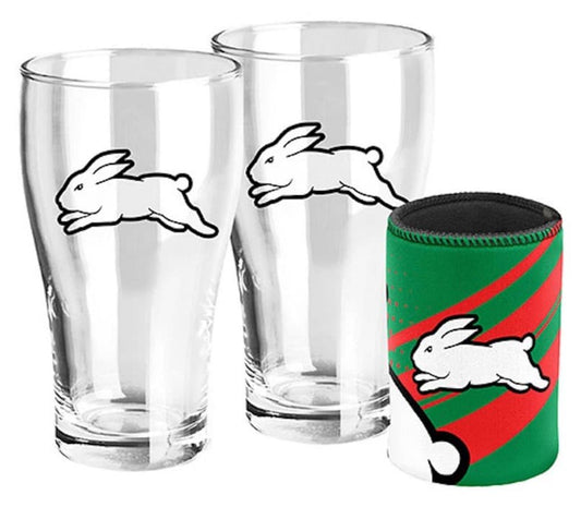 South Sydney Rabbitohs NRL 2 Pint Glasses & Can Cooler