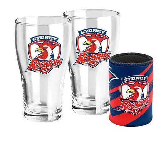 Sydney Roosters NRL 2 Pint Glasses & Can Cooler