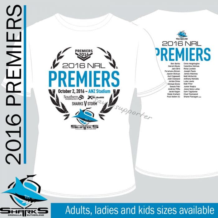Details about   CRONULLA SHARKS 2016 NRL PREMIERS ADULT MENS WHITE TEE SHIRT 